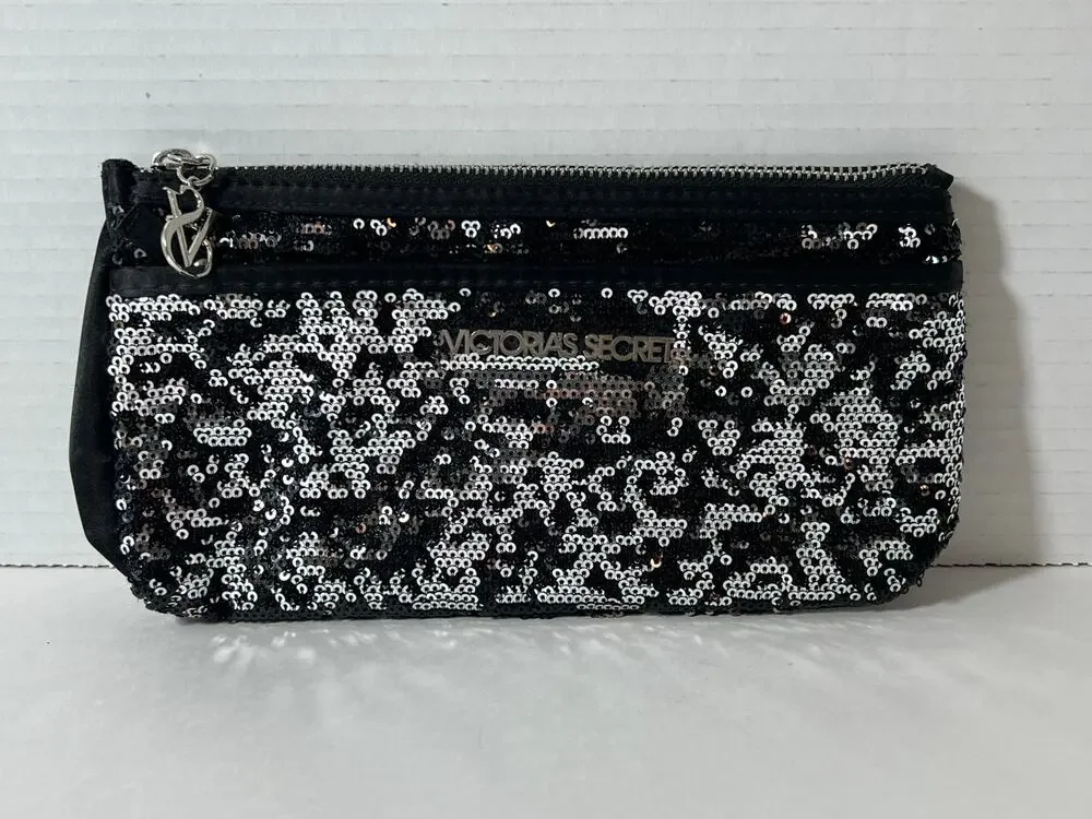 Victoria's Secret Black Sequins Elegant Clutch Purse Makeup Bag Zipper Pouch